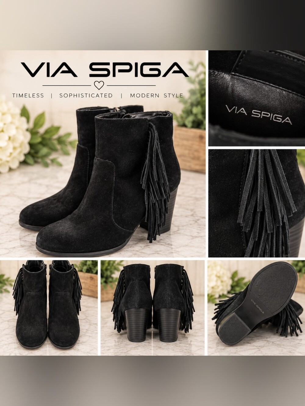 Via Spiga Black Suede Fringe Ankle Booties